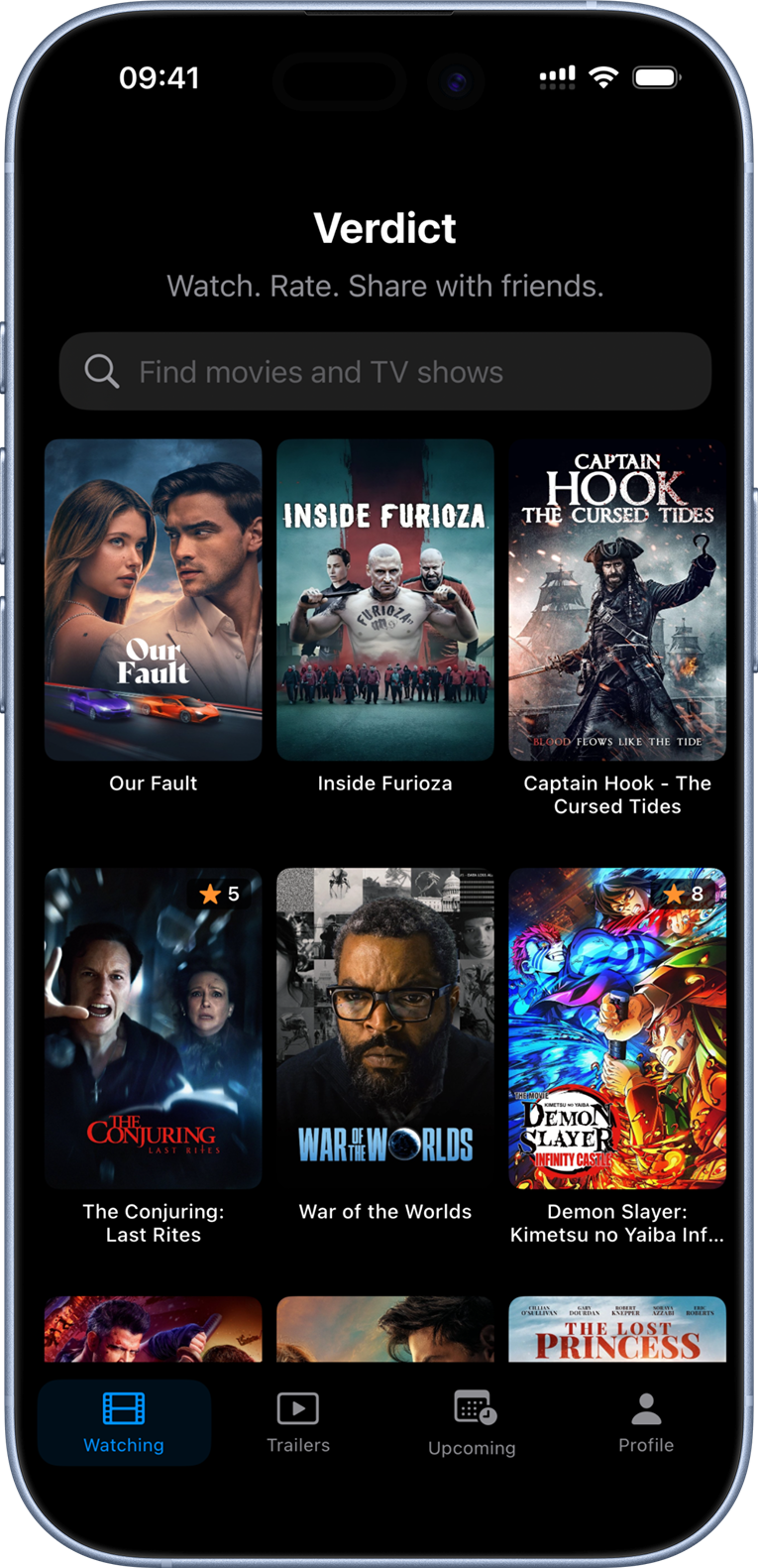 Verdict home screen with personalized film recommendations and trending titles.