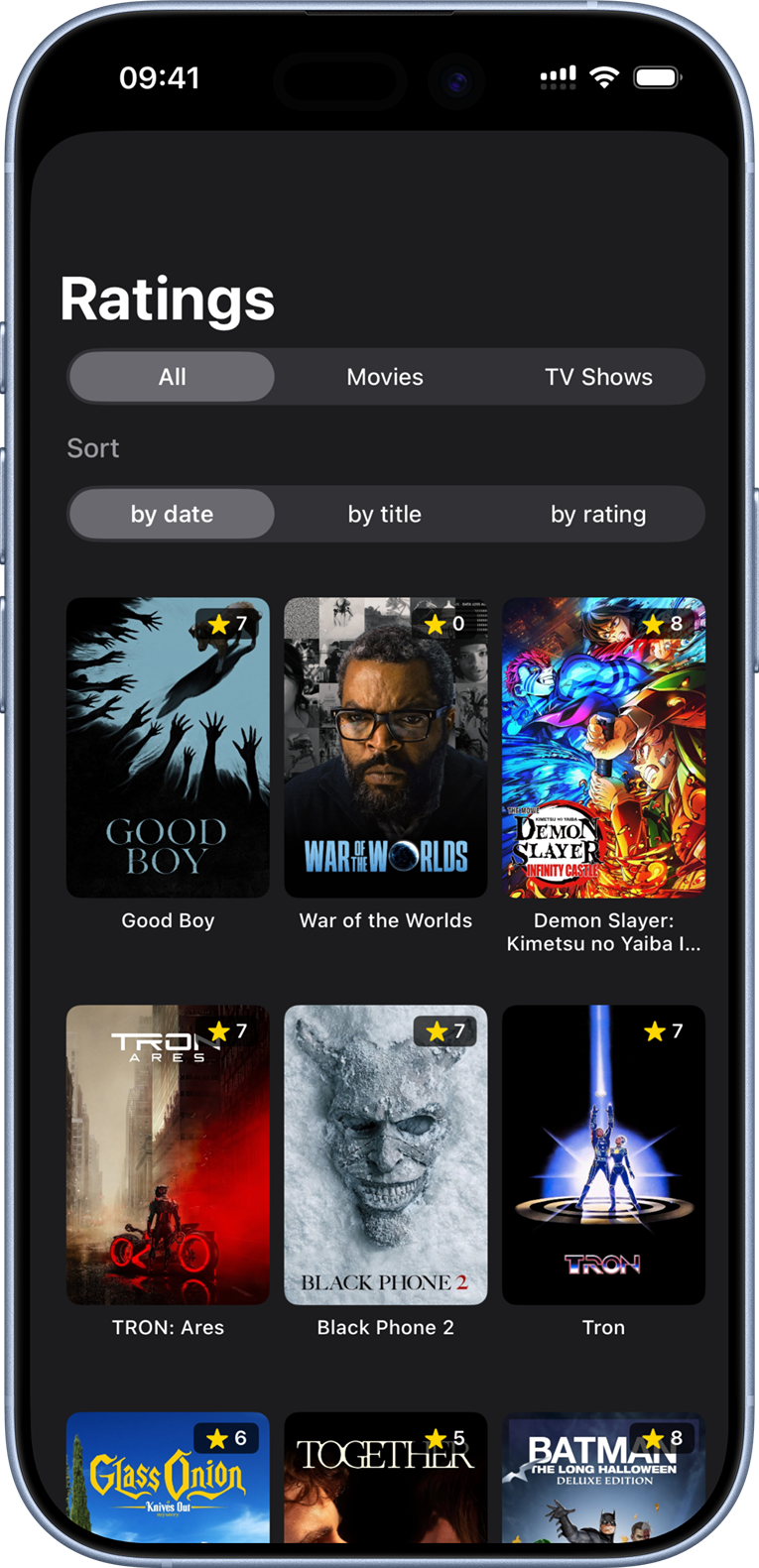 Verdict ratings library listing recent films with scores and watch status.