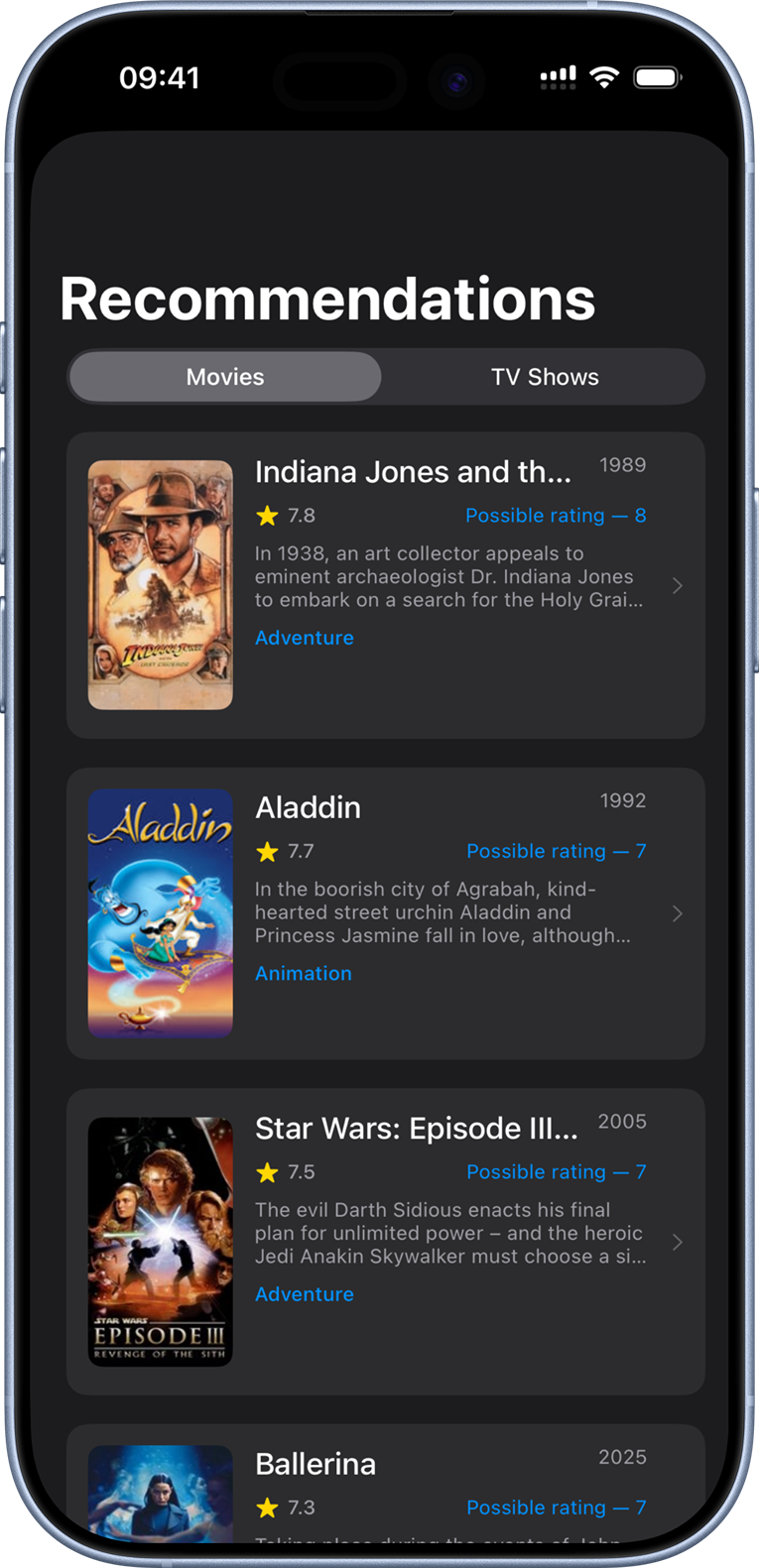 Verdict recommendations feed showcasing personalized picks to watch next.