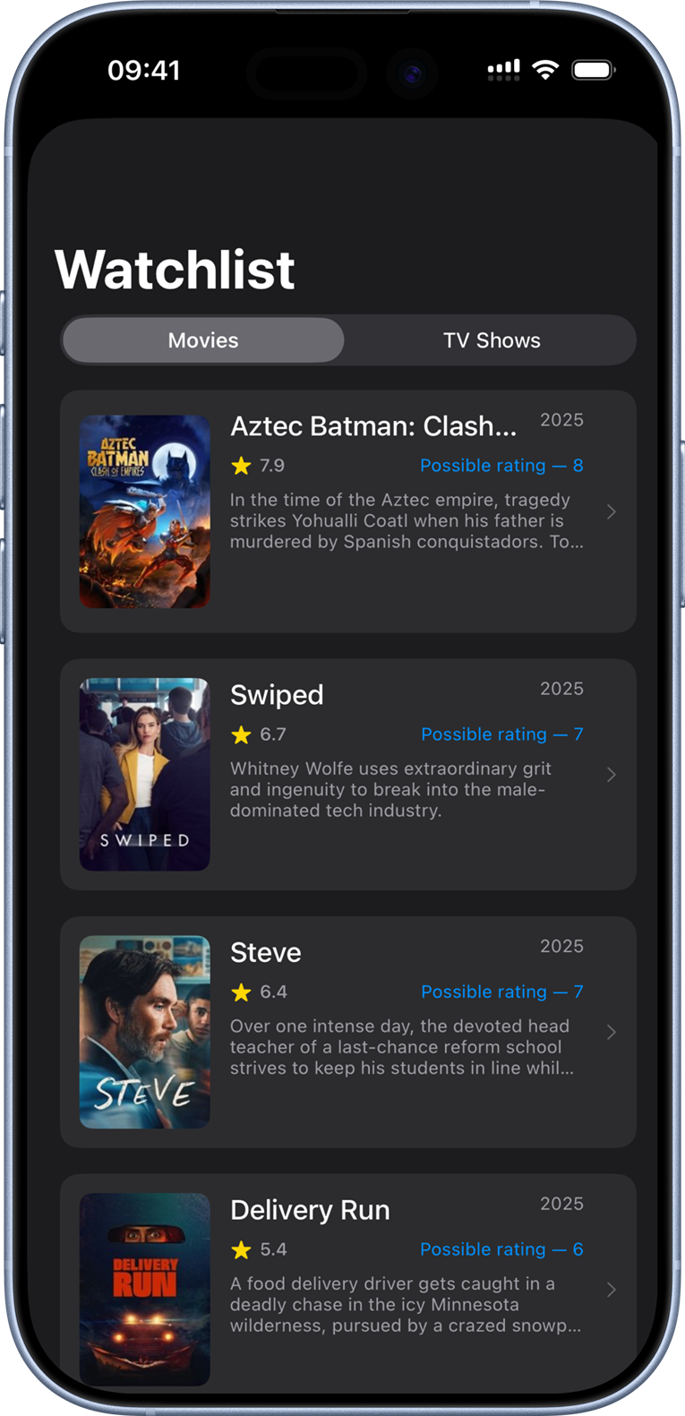 Verdict watchlist screen highlighting upcoming movies with possible ratings.